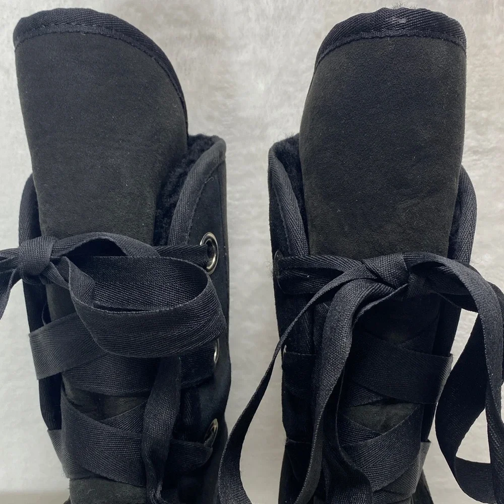 UGG Australia Black‎ Suede Sheepskin Boots Sherpa Lace Up Women Size 7